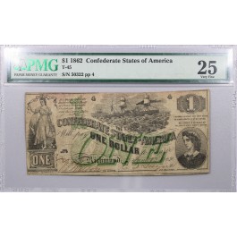 1862 $1 Confederate States of  America Bank Note T-45 PMG Very Fine 25