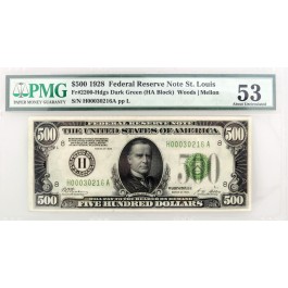 1928 $500 FRN St. Louis Fr#2200-Hdgs Dark Green Seal PMG AU53 Minor Repairs