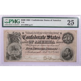 1864 $500 Confederate States of  America Bank Note T-64 PMG Very Fine 25