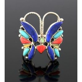 Old Pawn JN Zuni Native American Sterling Silver Multi Gemstone Butterfly Ring