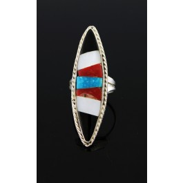Old Pawn Zuni Native American Sterling Silver Inlaid Multi Stone Ring Size 6 7g