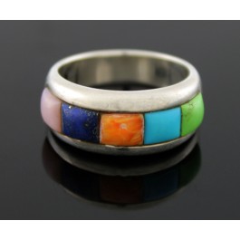Vintage Zuni Native American Sterling Silver Inlaid Multi Stone Ring Size 7 6.4g