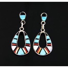 Vintage NB Zuni 925 Sterling Silver Inlaid Multi Stone Drop Dangle Earrings