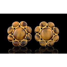 Pair Of Vintage 1995 CHANEL Fall Collection Gold Tone Tiger Eye Clip On Earrings