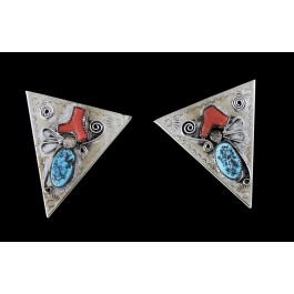 Vintage Navajo Native American 925 Sterling Silver Coral Turquoise Shirt Collar Tips
