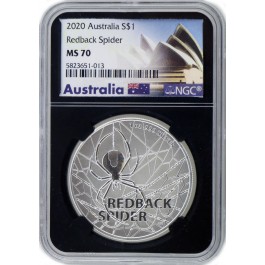 2020 P $1 AUD 1 oz 9999 Fine Silver Redback Spider NGC MS70 Black Retro Holder