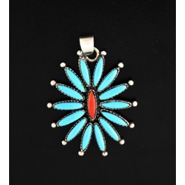Zuni Native American Sterling Silver Needlepoint Coral Turquoise Pendant 9.1g