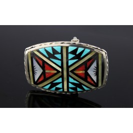 CM Booqua Zuni Native American Sterling Silver Inlaid Multi Stone Belt Buckle 