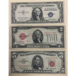 LOT OF 3 NOTES $1 $2 & $5 CIRCULATED OLD SMALL PAPER MONEY