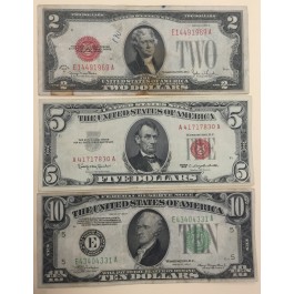 LOT OF 3 NOTES $10 $5 & $2 CIRCULATED OLD SMALL PAPER MONEY