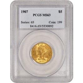 1907 $5 Liberty Head Half Eagle Gold PCGS MS63 Uncirculated Coin
