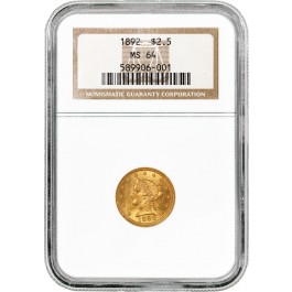 1892 $2.50 Liberty Head Quarter Eagle Gold NGC MS64 Brilliant Uncirculated Coin