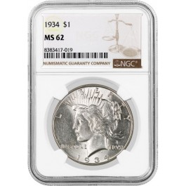 1934 $1 Silver Peace Dollar NGC MS62 Uncirculated Key Date Coin