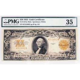 Series Of 1922 $20 Large Size Gold Certificate Mule Fr#1187m PMG CH VF35