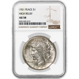 1921 High Relief $1 Silver Peace Dollar NGC AU58 Key Date Coin