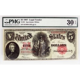 Series Of 1907 $5 Large Size Legal Tender Note Woodchopper Fr#91 PMG CH VF30 EPQ 