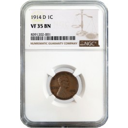 1914 D 1C Lincoln Wheat Cent NGC VF35 BN Brown Key Date Coin