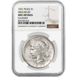 1921 High Relief $1 Peace Dollar Silver NGC UNC Details Cleaned Key Date Coin