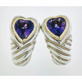 Vintage David Yurman 14k Gold Sterling Silver Heart Amethyst Shrimp Earrings