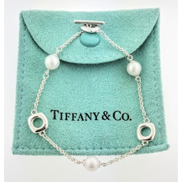 Vintage Tiffany & Co Sterling Silver Cultured Pearl Cushion Toggle Bracelet 7"