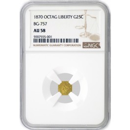 1870 California Fractional Gold Octagonal Liberty Quarter Dollar BG-757 NGC AU58