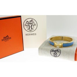 HERMES Clic H Gold Tone Blue Chardon Enamel Narrow Bracelet 6.5" NEW With Receipt