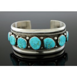 Lester Ortiz Navajo Native American Sterling Silver Turquoise Cuff Bracelet 7"