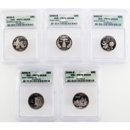 Set Of 5 2000 S 25C Proof Clad State Quarters ICG PR70 DCAM Uncirculated Coins