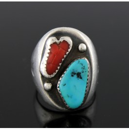 Old Pawn T.S. Navajo Native American Sterling Silver Coral Turquoise Ring 8.75 