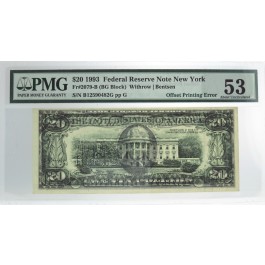 1993 $20 FRN New York Fr#2079-B Offset Printing Front To Back Error PMG AU53