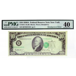Series Of 1950 A $10 FRN New York Fr#2011-B BC Block Misalignment Error PMG XF40