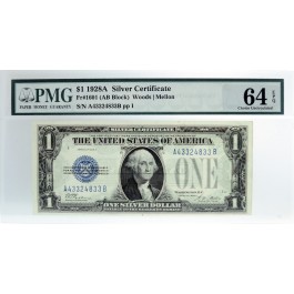 1928 A $1 Silver Certificate Funny Back Fr#1601 AB Block PMG Choice UNC 64 EPQ