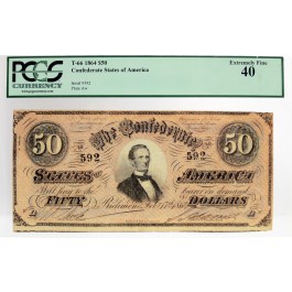 1864 $50 Confederate States of America CSA Jefferson Davis Note T-66 PCGS XF40