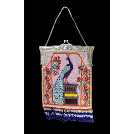 Antique Victorian Micro Glass Beaded Silver Plated Peacock Handbag Purse