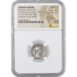 AD 41-54 Roman Empire Claudius AR Denarius Silver NGC Ancients Ch Fine 4/5 2/5