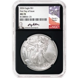  2024 $1 1oz Silver American Eagle NGC MS70 FDOI David Ryder Black Retro