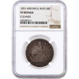 1853 Arrows & Rays 50C Seated Liberty Half Dollar NGC VF Details Cleaned #013