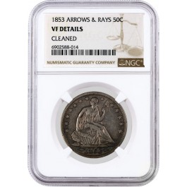 1853 Arrows & Rays 50C Seated Liberty Half Dollar NGC VF Details Cleaned #014