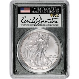 2021 W $1 1 oz Burnished Silver American Eagle T-2 PCGS SP70 Emily Damstra Signed Label