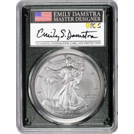 2022 W $1 1 oz Burnished Silver American Eagle PCGS SP70 Emily Damstra Signed Label