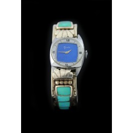 Zuni Native American Sterling Silver Turquoise Cuff Mechanical Watch Bracelet