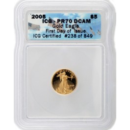 2005 W $5 1/10 oz Proof Gold American Eagle ICG PR70 DCAM First Day Of Issue