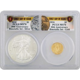 2016 $1 $5 American Eagle Silver & Gold Coin Set 30th PCGS MS70 FDOI