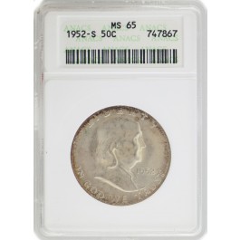 1952 S 50C Franklin Silver Half Dollar ANACS MS65 Old Soapbox Holder