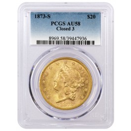 1873 S Closed 3 $20 Liberty Head Double Eagle Gold PCGS AU58 Coin