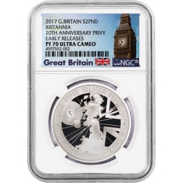  2017 £2 Proof Great Britain 1oz Silver Britannia 20th Anniversary Privy NGC PF70 UC ER