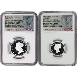 1838-2017 Silver Liberty Eagle & Sovereign Smithsonian Issue 2 Coin Set NGC PF70 UC
