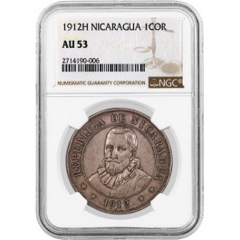 1912 H Republic Of Nicaragua 1 Cordoba Silver NGC AU53 About Uncirculated Coin 6