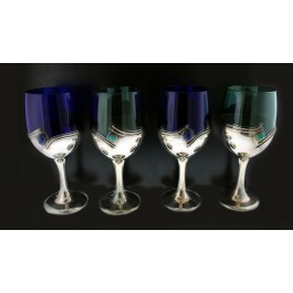 Set of 4 David Barak Israel Blue Green Glass Sterling Silver Overlay Goblet Cups