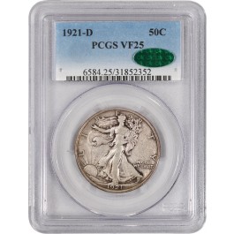 1921 D 50C Walking Liberty Silver Half Dollar PCGS VF25 CAC Key Date Coin 